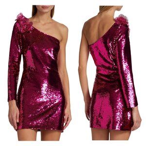 Marchesa Notte, NWT Women’s One-Shoulder Sequin Mini Dress, Fuchsia Pink Size 12